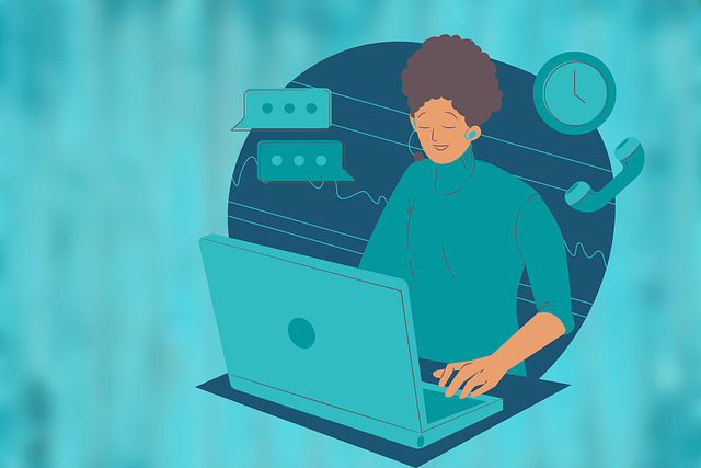 青い背景に女性がぱパソコンを触っている。 ロケハン の問合せ対応イメージ